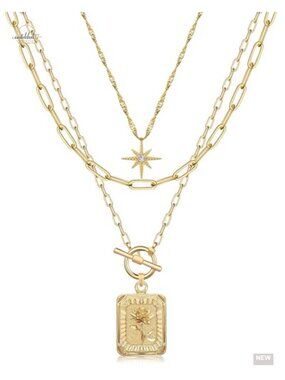 Layered 14K Gold Plated Brass Star Choker & Birth Flower Necklace Set